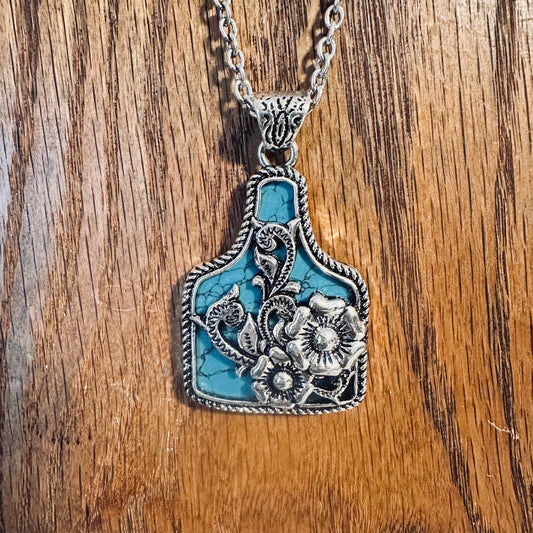 Tooled & Turquoise Cow Tag Necklace