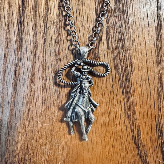 Roping Cowboy & Horse Pendent Necklace