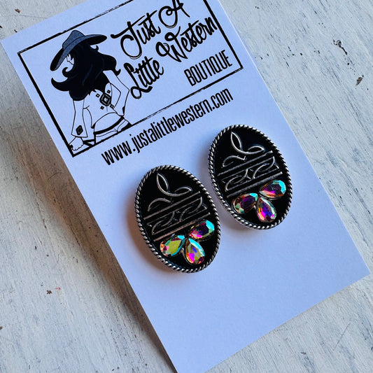Oval Boot Stitch & Rhinestone Post Earring