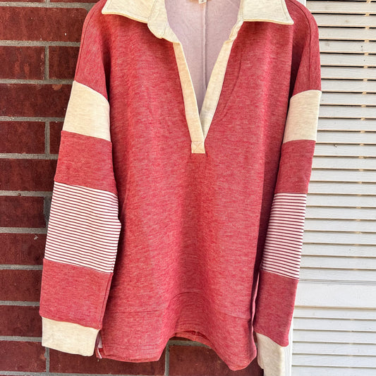 Brushed Red Mixed Block Jersey Pullover