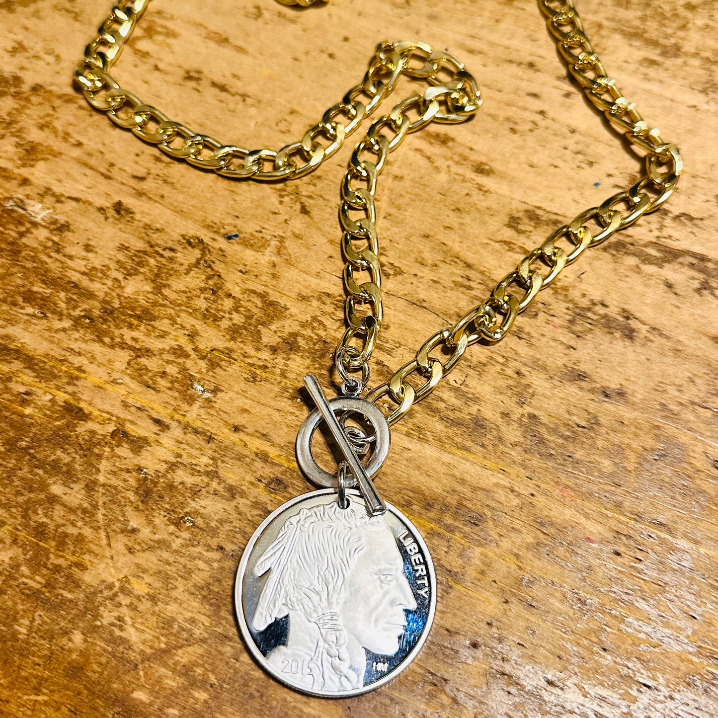 Gold Chunky Chain with Buffalo & Indian Coin