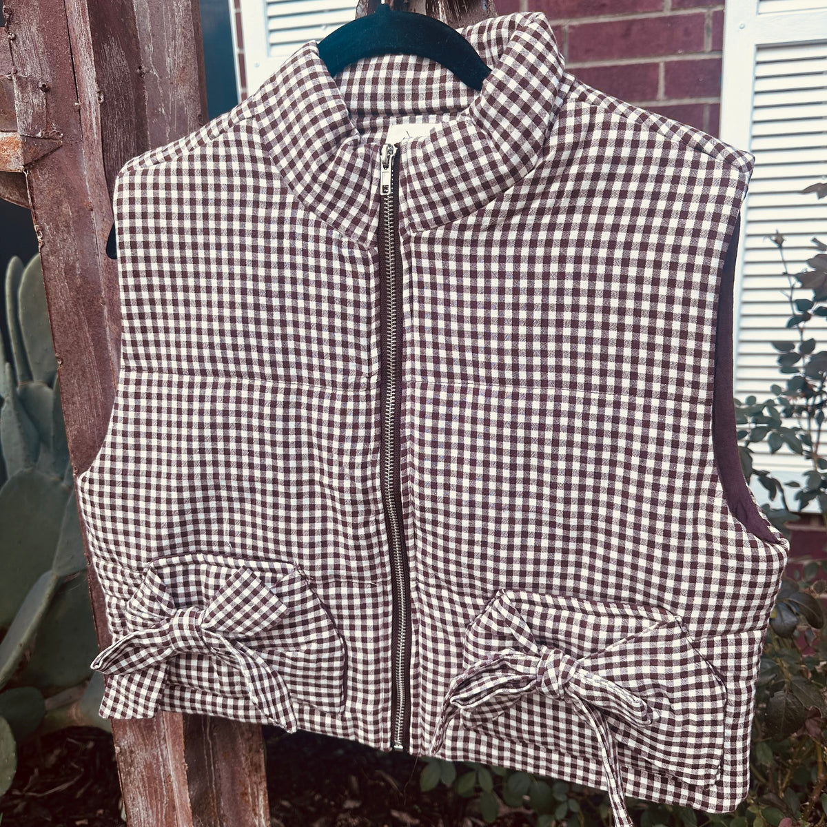 Brown Gingham Puffer Vest