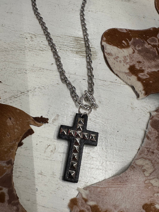Leather Studded Cross Necklace