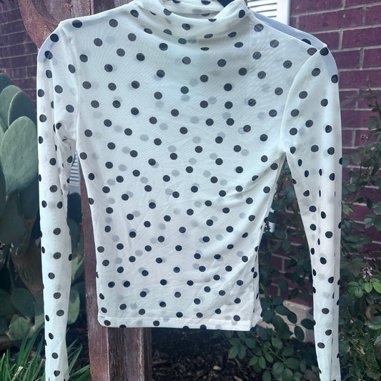 Off White Polka Dot Mesh Mock Top