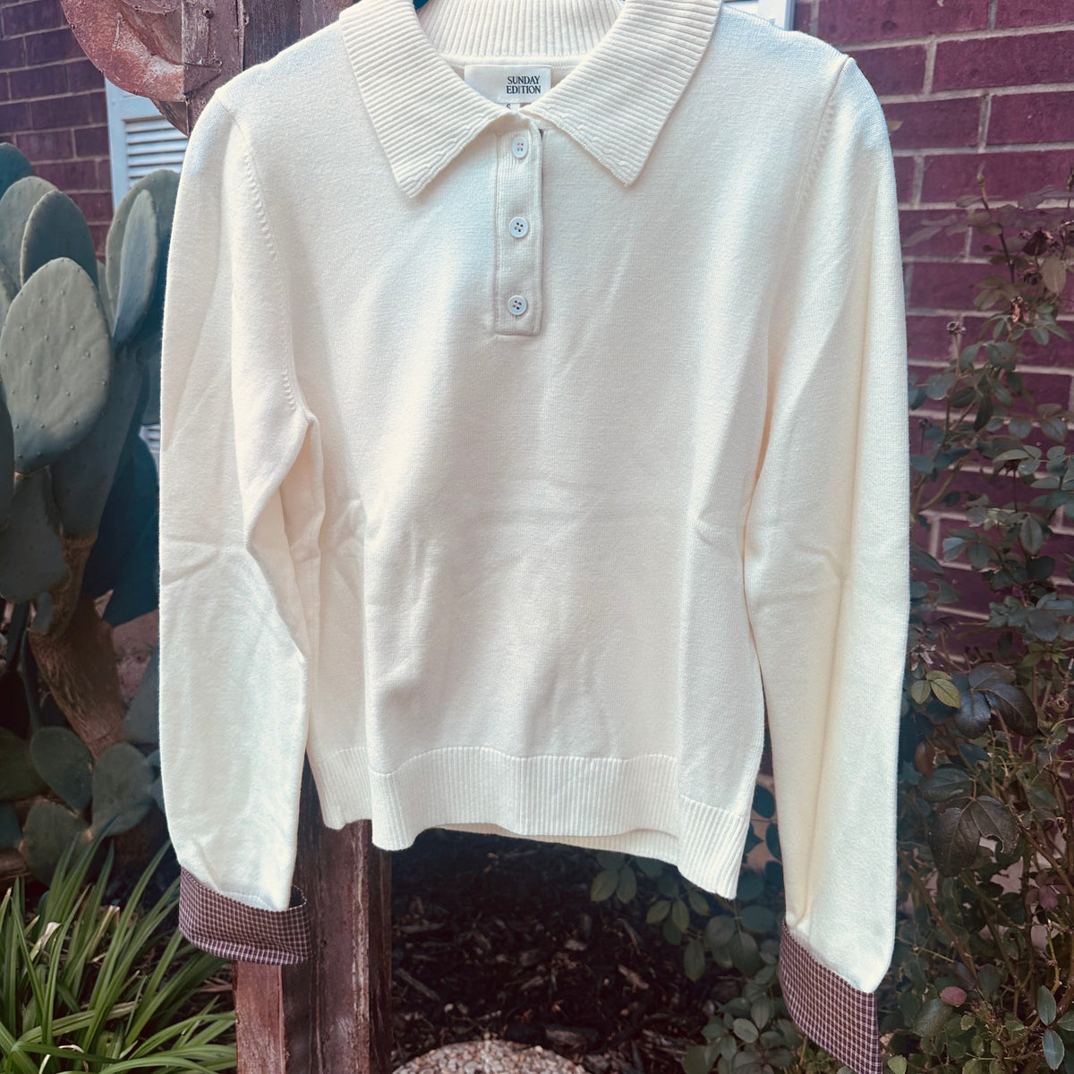 Cream Plaid Contrast Polo Sweater
