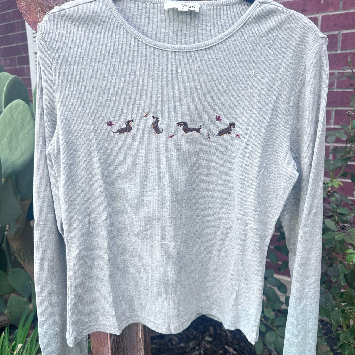 Fall Dachshund Embroidered Ribbed Top