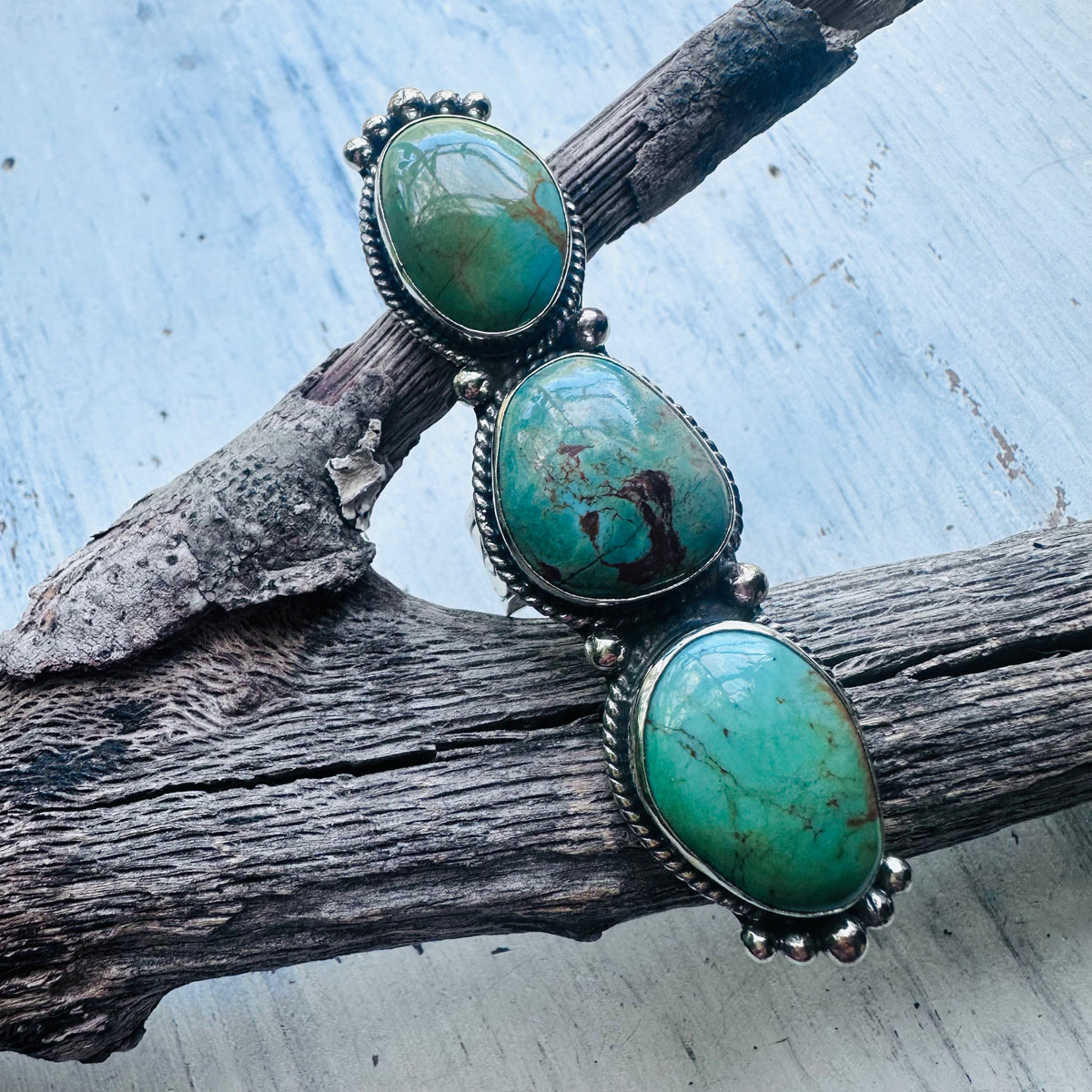 3 Turquoise Stone Coin Silver Ring