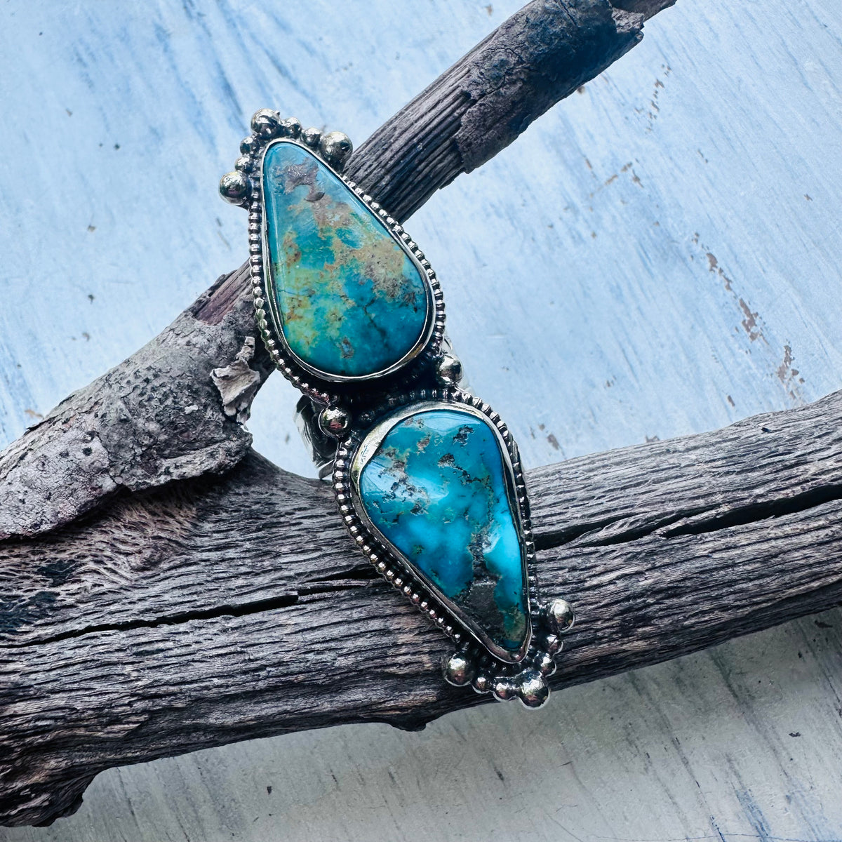 Double Teardrop Turquoise Coin Silver Ring