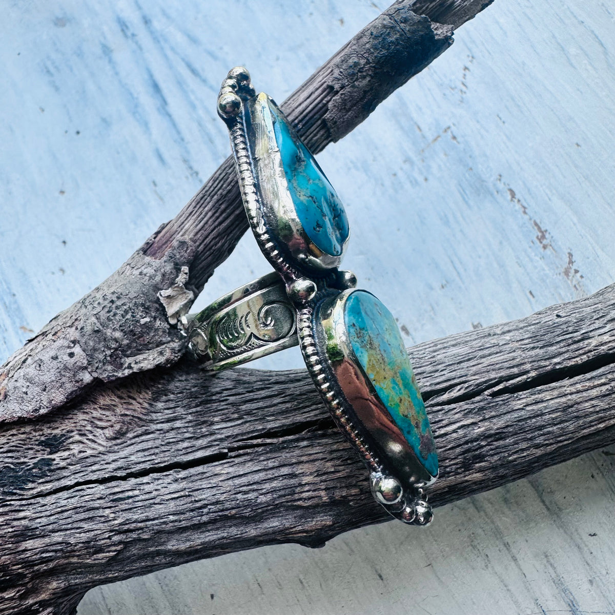 Double Teardrop Turquoise Coin Silver Ring