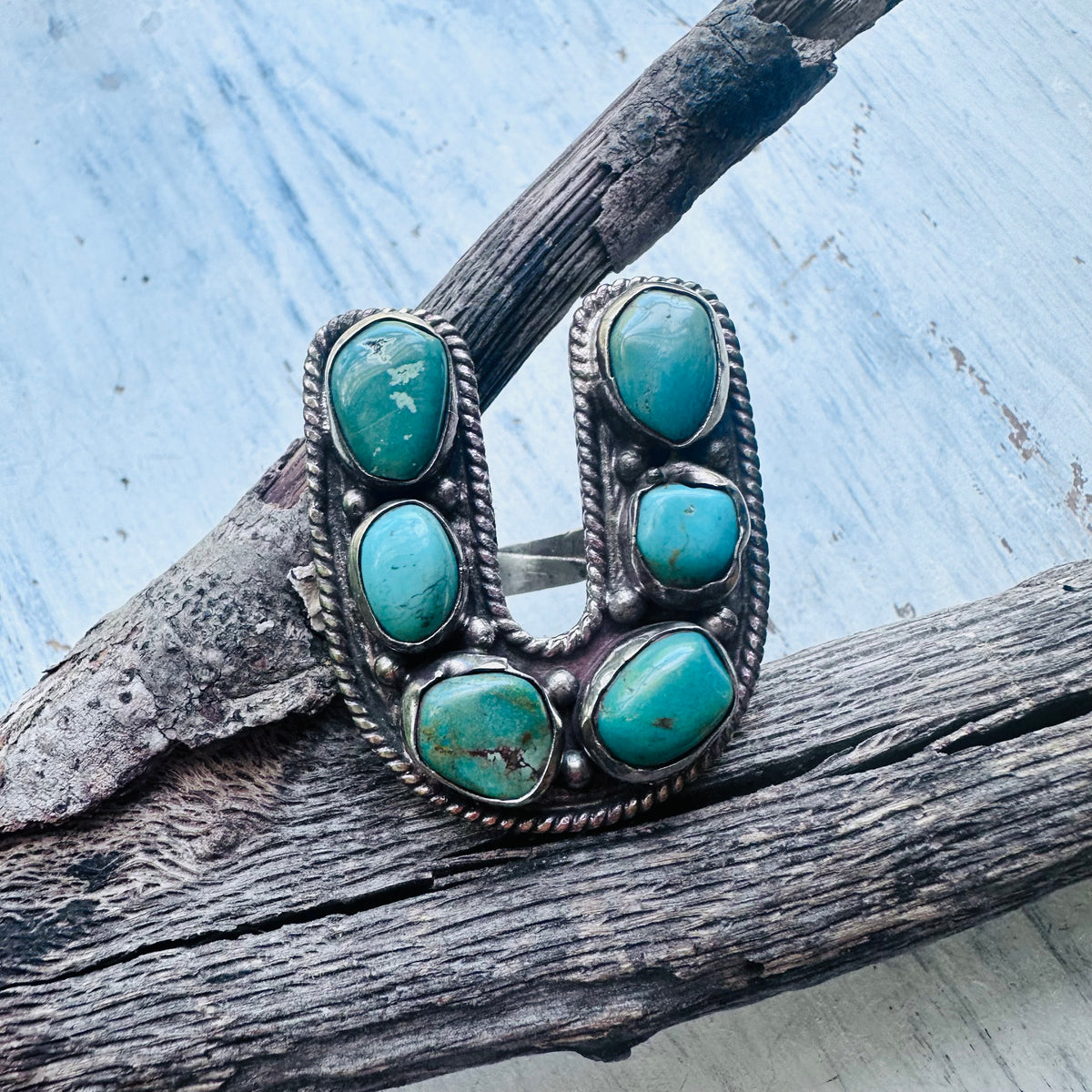 Turquoise Stone Horseshoe Coin Silver Ring