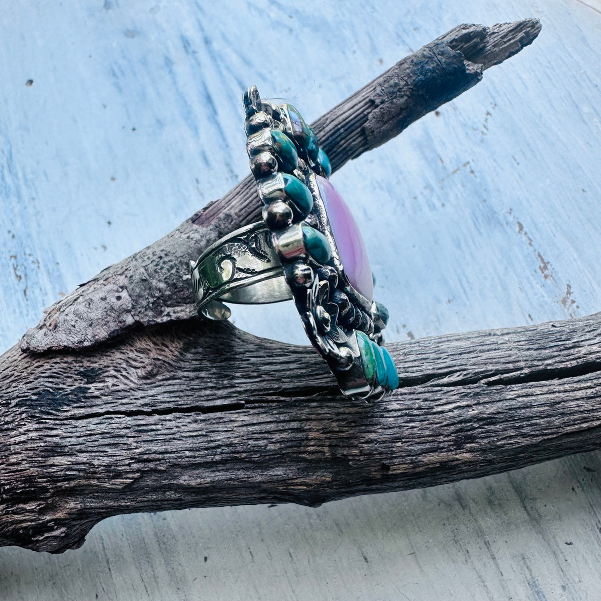 Turquoise & Pink Square Stone Coin Silver Ring