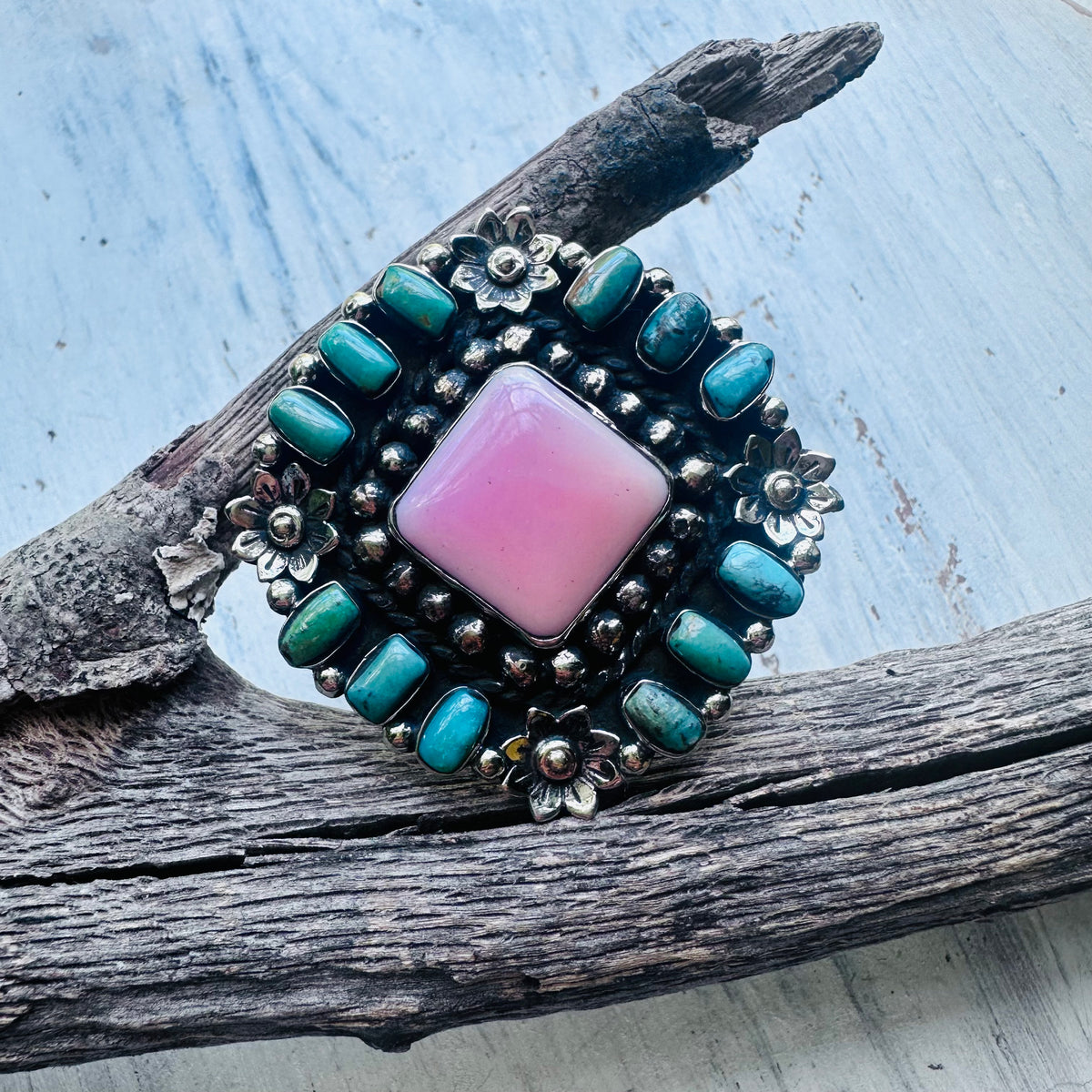 Turquoise & Pink Square Stone Coin Silver Ring