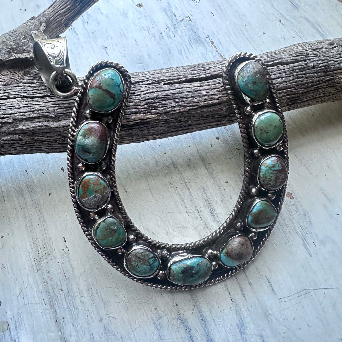 Large Turquoise Horseshoe Coin Silver Pendant
