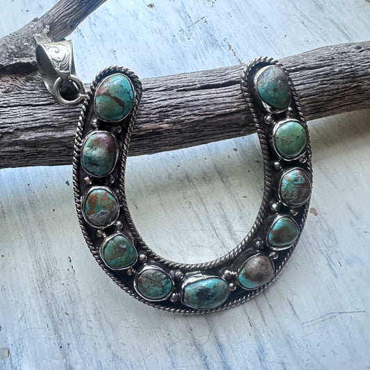 Large Turquoise Horseshoe Coin Silver Pendant