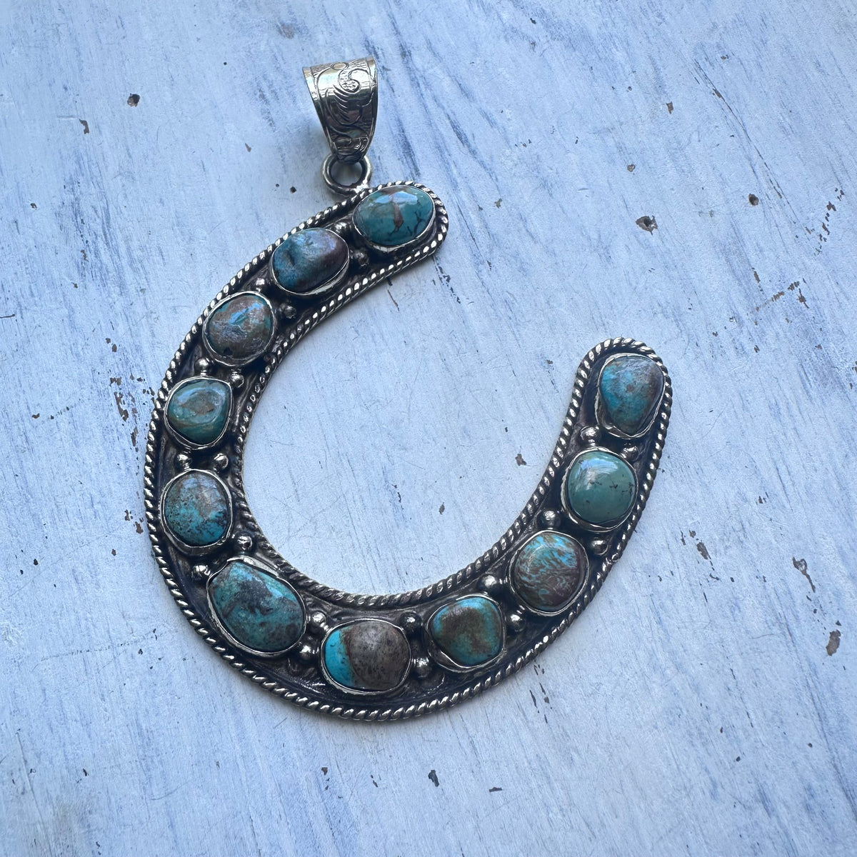 Large Turquoise Horseshoe Coin Silver Pendant