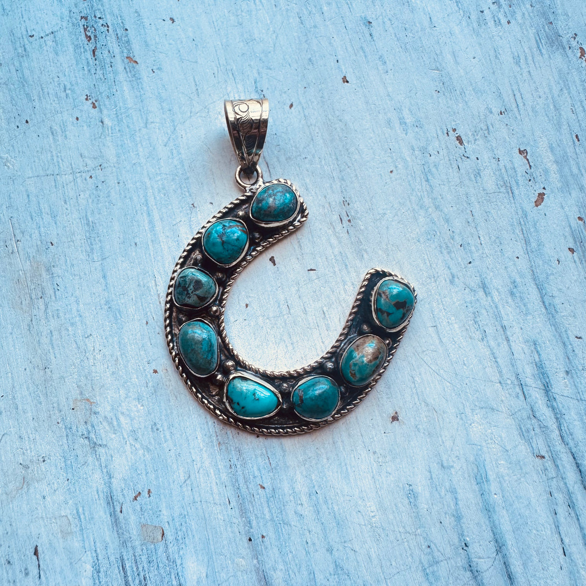 Turquoise Horseshoe Coin Silver Pendant