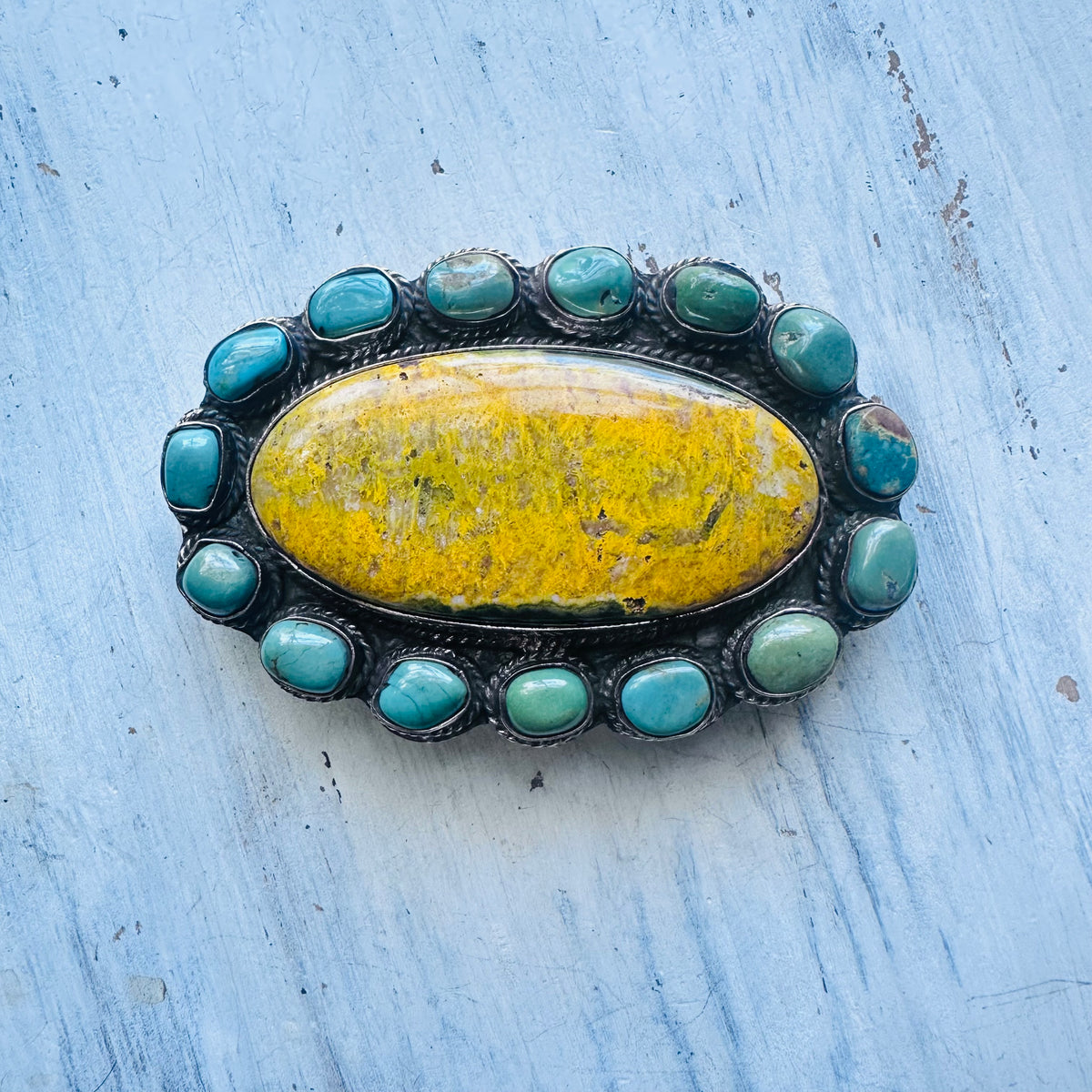 Oval Turquoise & Yellow Coin Silver Belt Buckle