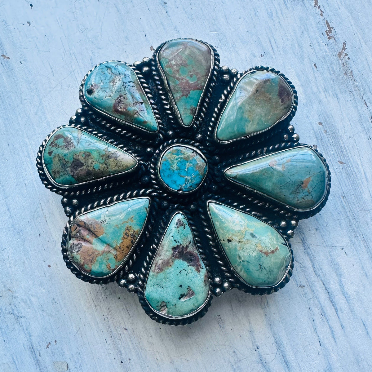 Large Turquoise Flower Cluster Coin Silver Belt Buckle