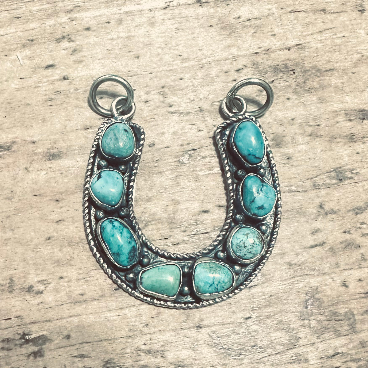 2 Ring Turquoise Horseshoe Coin Silver Pendant
