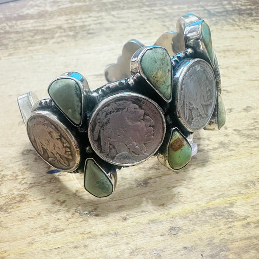 Indian Coins & Turquoise Coin Silver Cuff Bracelet