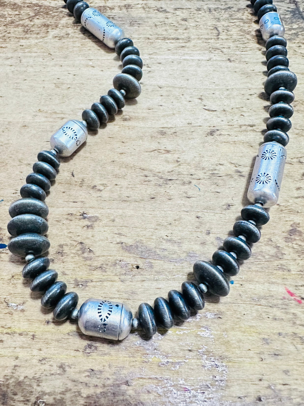 24" Pewter Disc & Barrel Beaded Necklace