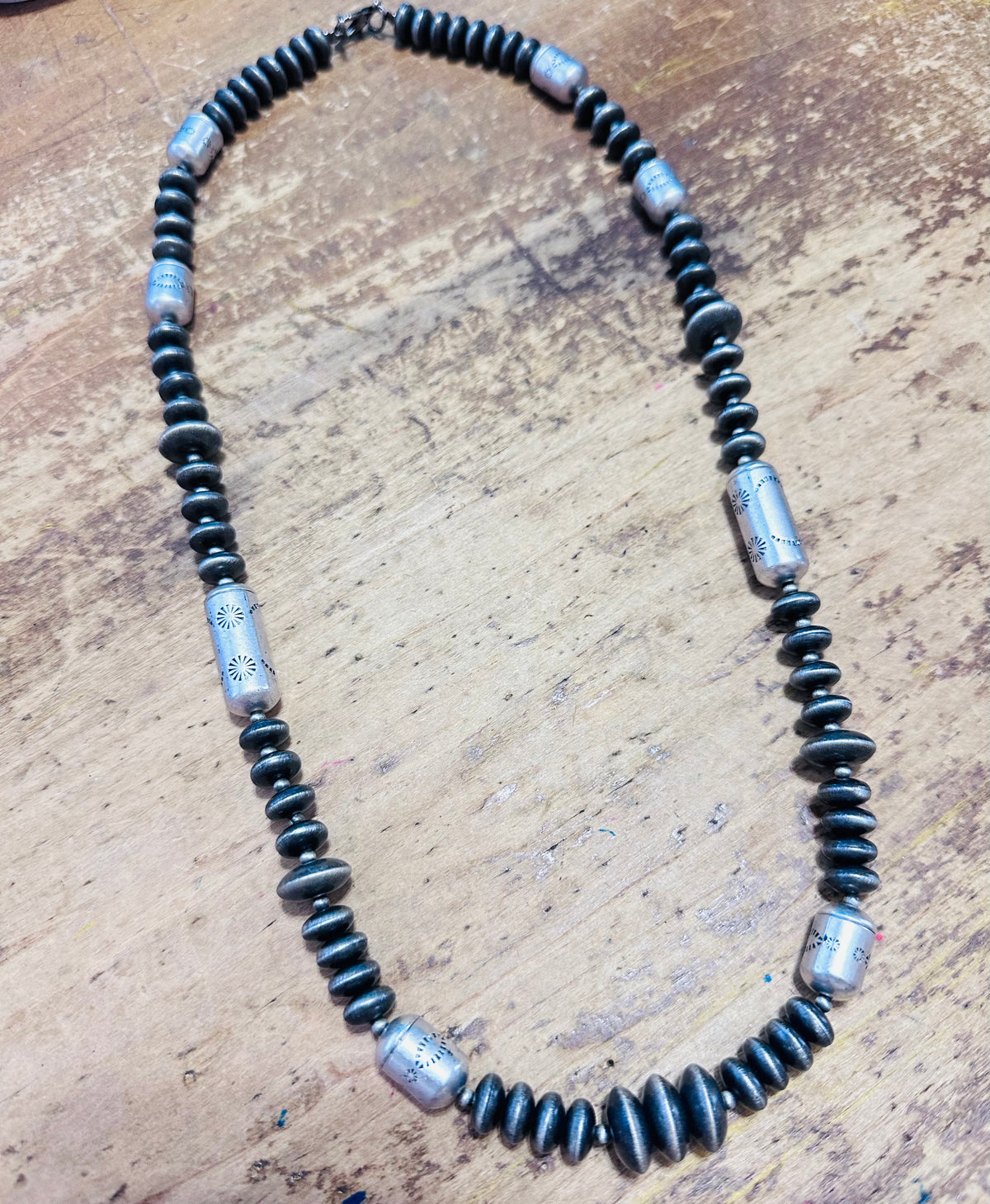 24" Pewter Disc & Barrel Beaded Necklace
