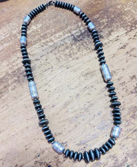 24" Pewter Disc & Barrel Beaded Necklace