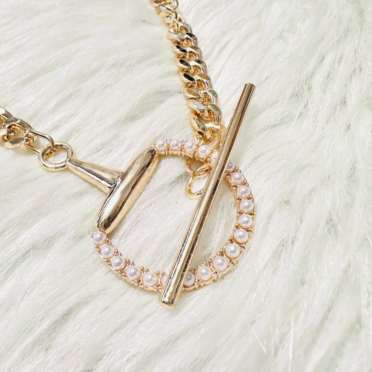 Gold & Pearl Toggle Bit Curb Chain Necklace