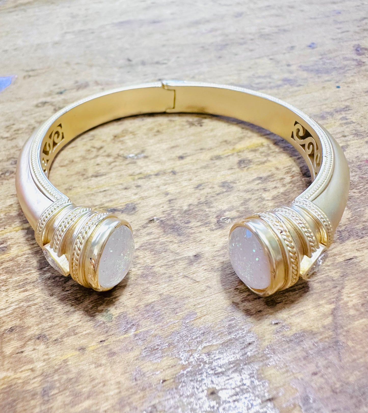 Matte Gold & Iridescent Stone Hinge Bracelet