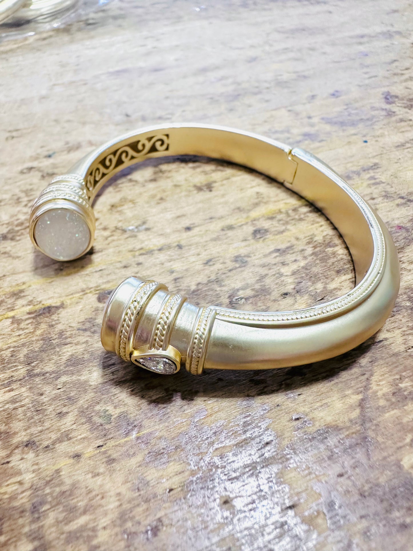 Matte Gold & Iridescent Stone Hinge Bracelet