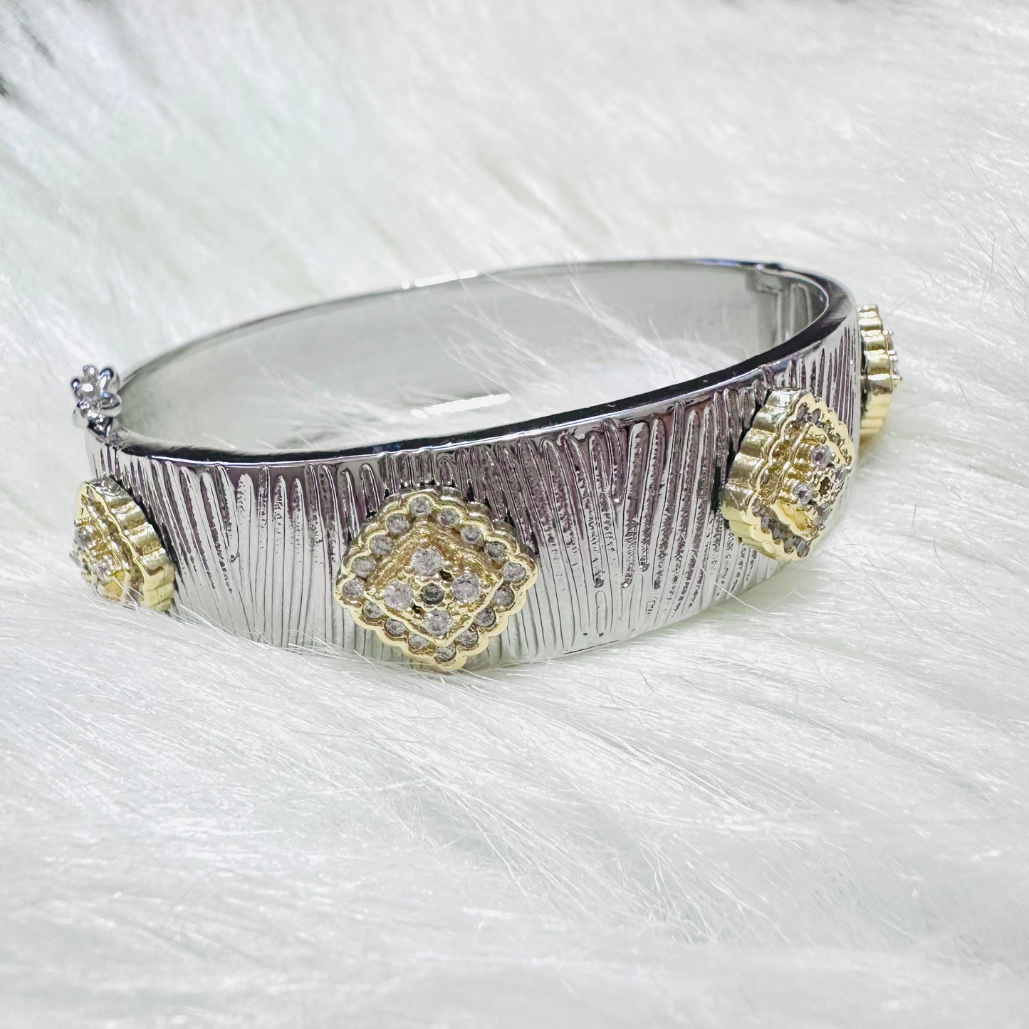 Silver & Gold Diamond Station Hinge Bracelet
