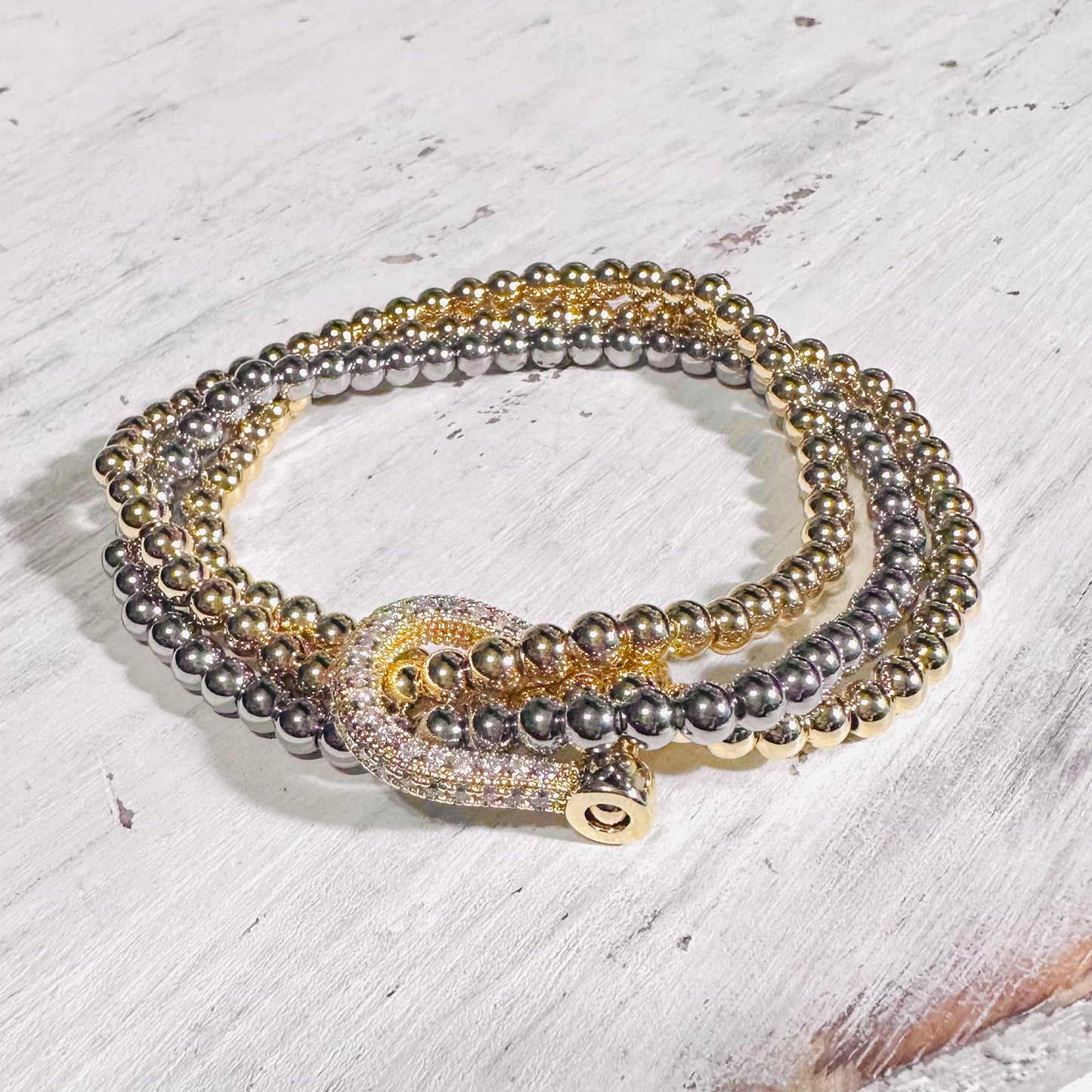CZ Bit Mixed Metals Beaded Stretch Bracelets