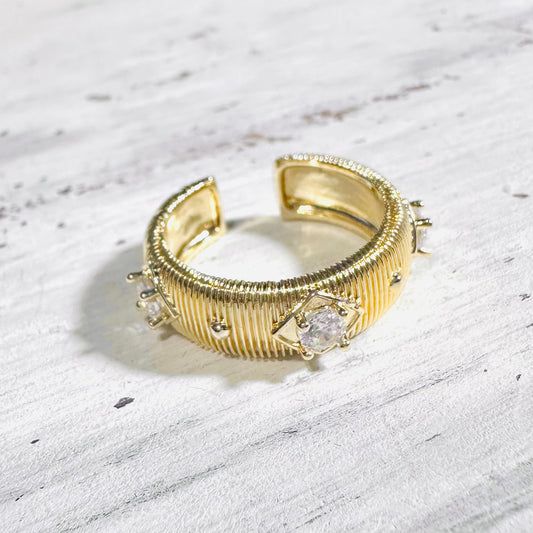Gold Ribbed & CZ Cuff Ring