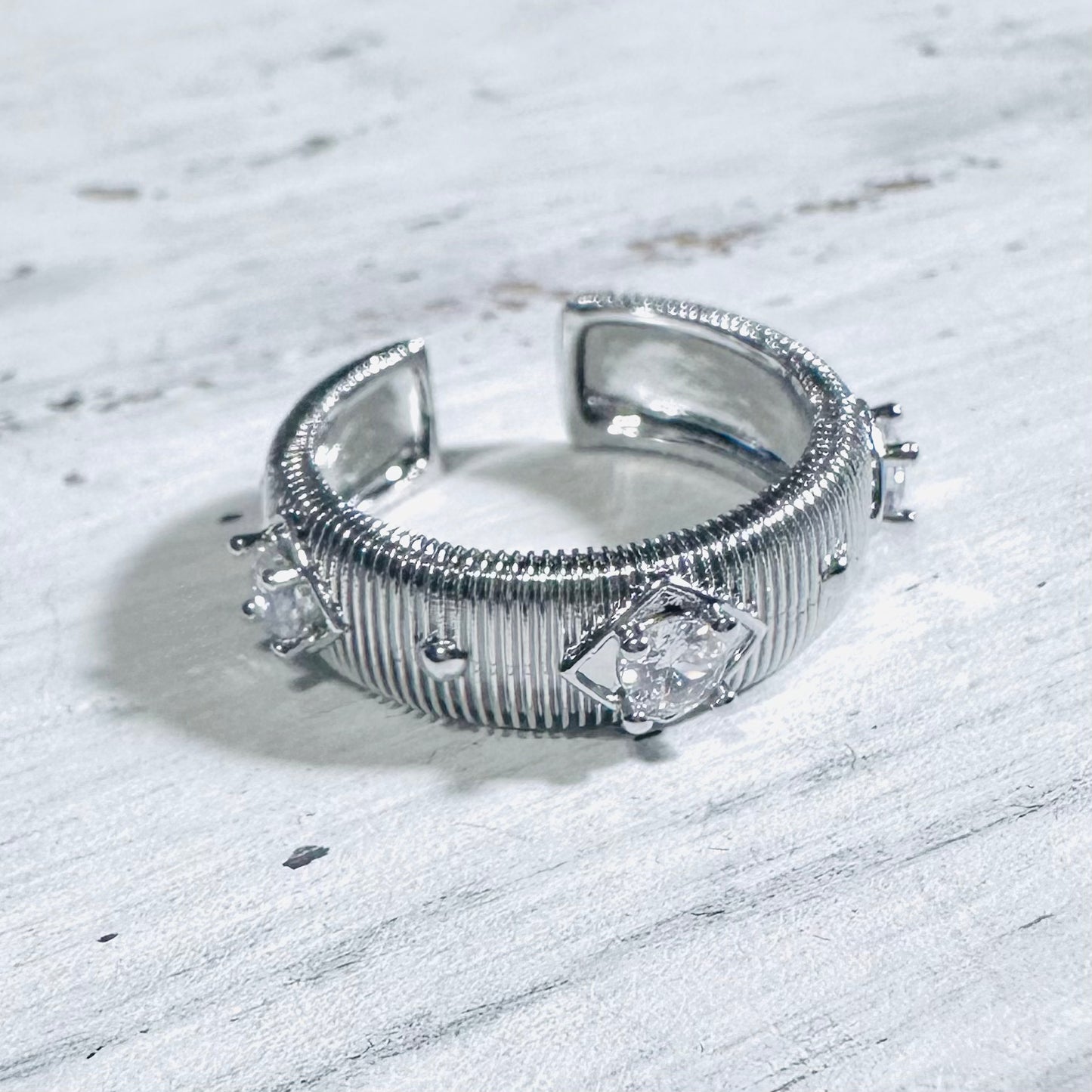 Silver Ribbed & CZ Cuff Ring