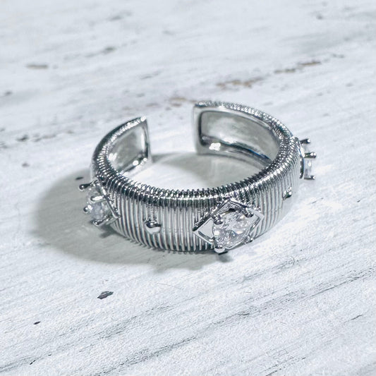 Silver Ribbed & CZ Cuff Ring