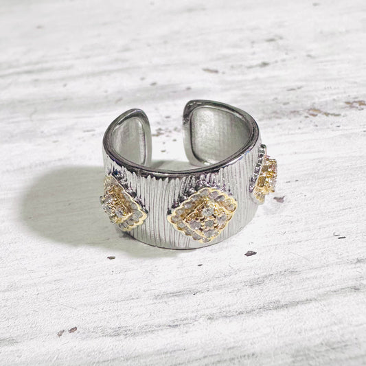 Gold Diamond CZ Silver Ribbed Cuff Ring
