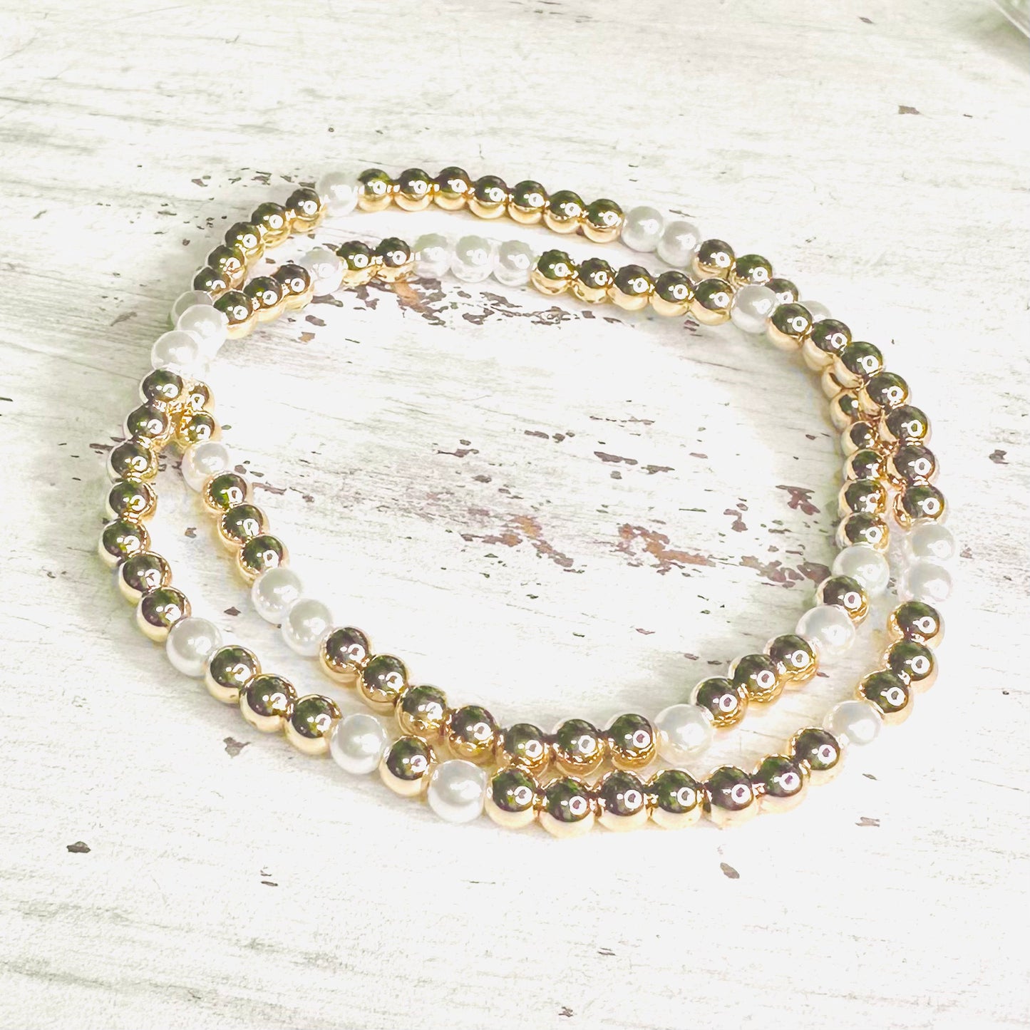 Pearl & Gold Dipped Beaded Stretch Bracelet Set