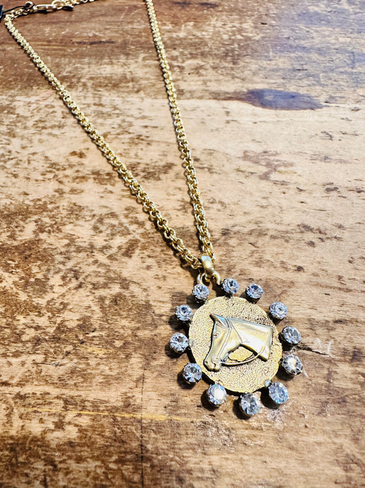 Yochi NY Rhinestone & Horse Coin Necklace
