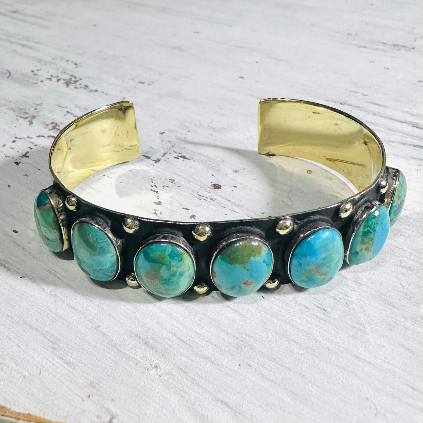Brass & 7 Turquoise Stone Cuff Bracelet