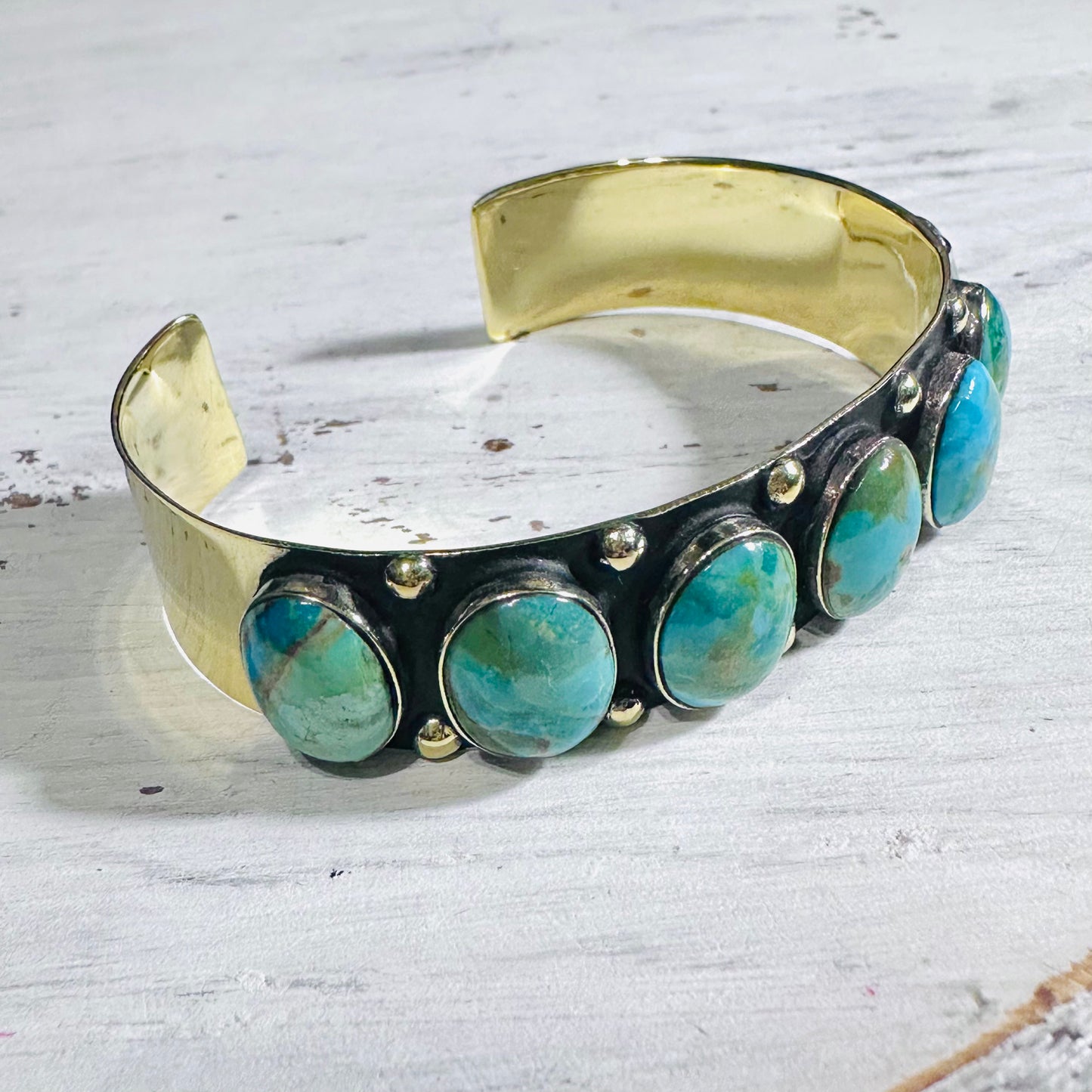 Brass & 7 Turquoise Stone Cuff Bracelet