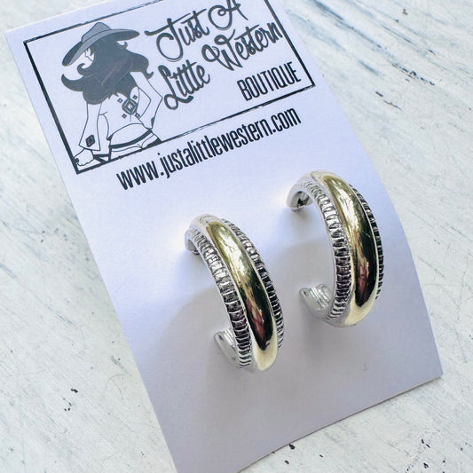 Gold Hoop Silver Edge Post Earrings