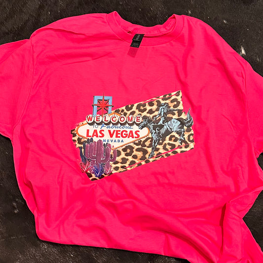 Hot Pink Tee with Leopard Las Vegas Sign