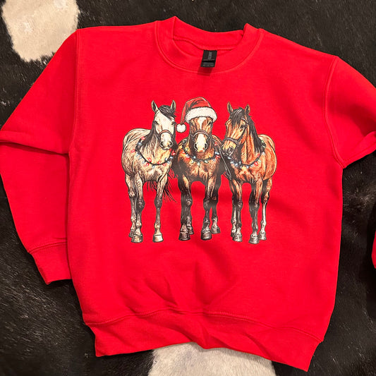 Youth Red Sweatshirt with Christmas Horses