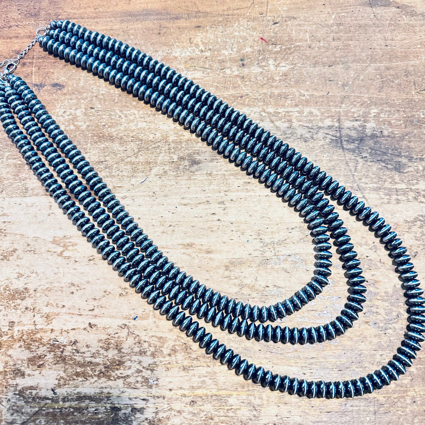 30" Layered Pewter Disc Beaded Necklace