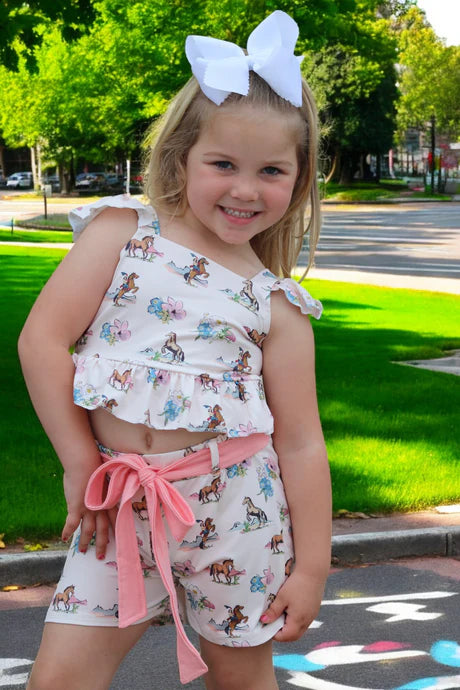 Girls Western Print Open Back Short Set