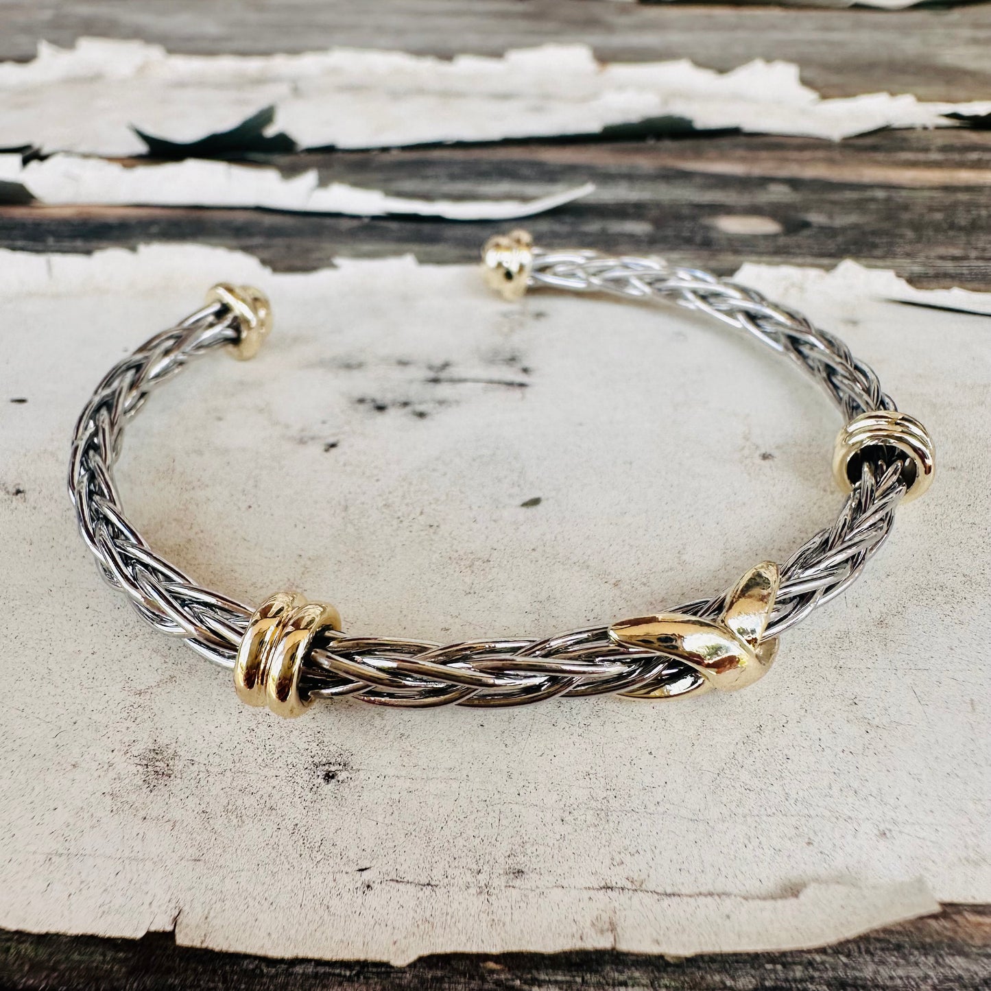 Silver Rope Cuff Gold Criss Cross Details