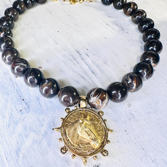 Yochi NY Large Brown Bead & Horse Coin Necklace