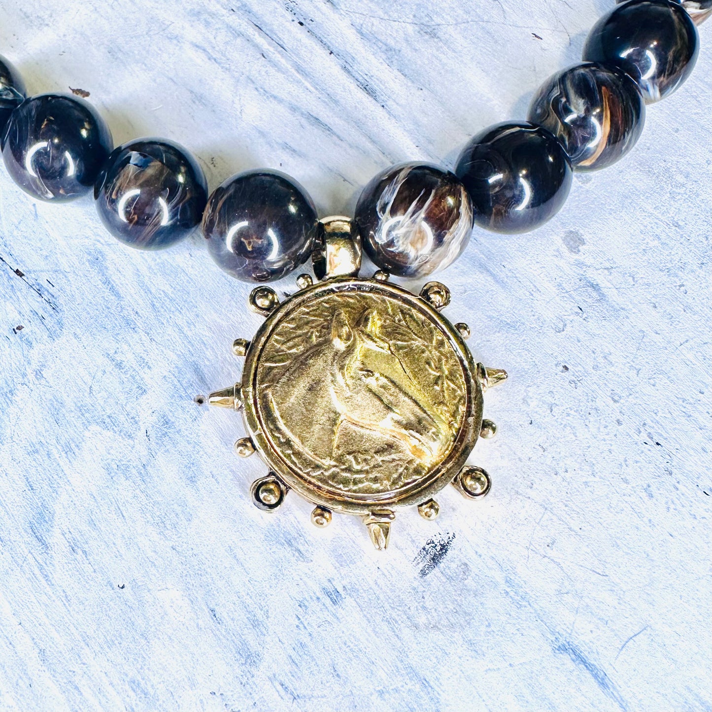 Yochi NY Large Brown Bead & Horse Coin Necklace