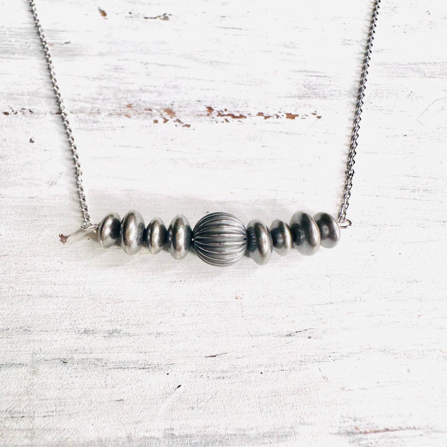 Sterling Saucer & Textured Bead Bar Necklace