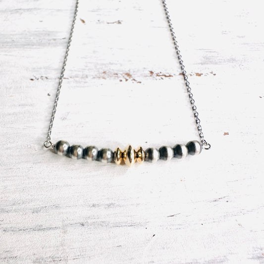 Sterling Bead & Gold Saucer Bar Necklace